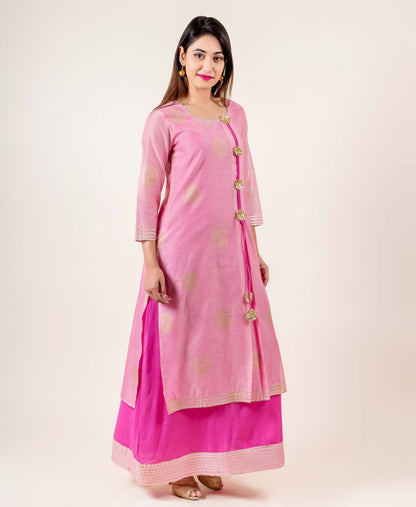 Tasseled Chanderi Pink With Gold Gota Print