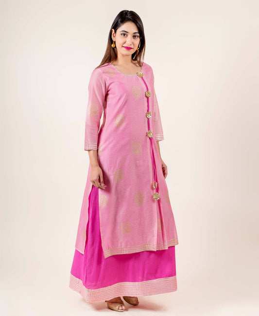 Tasseled Chanderi Pink With Gold Gota Print