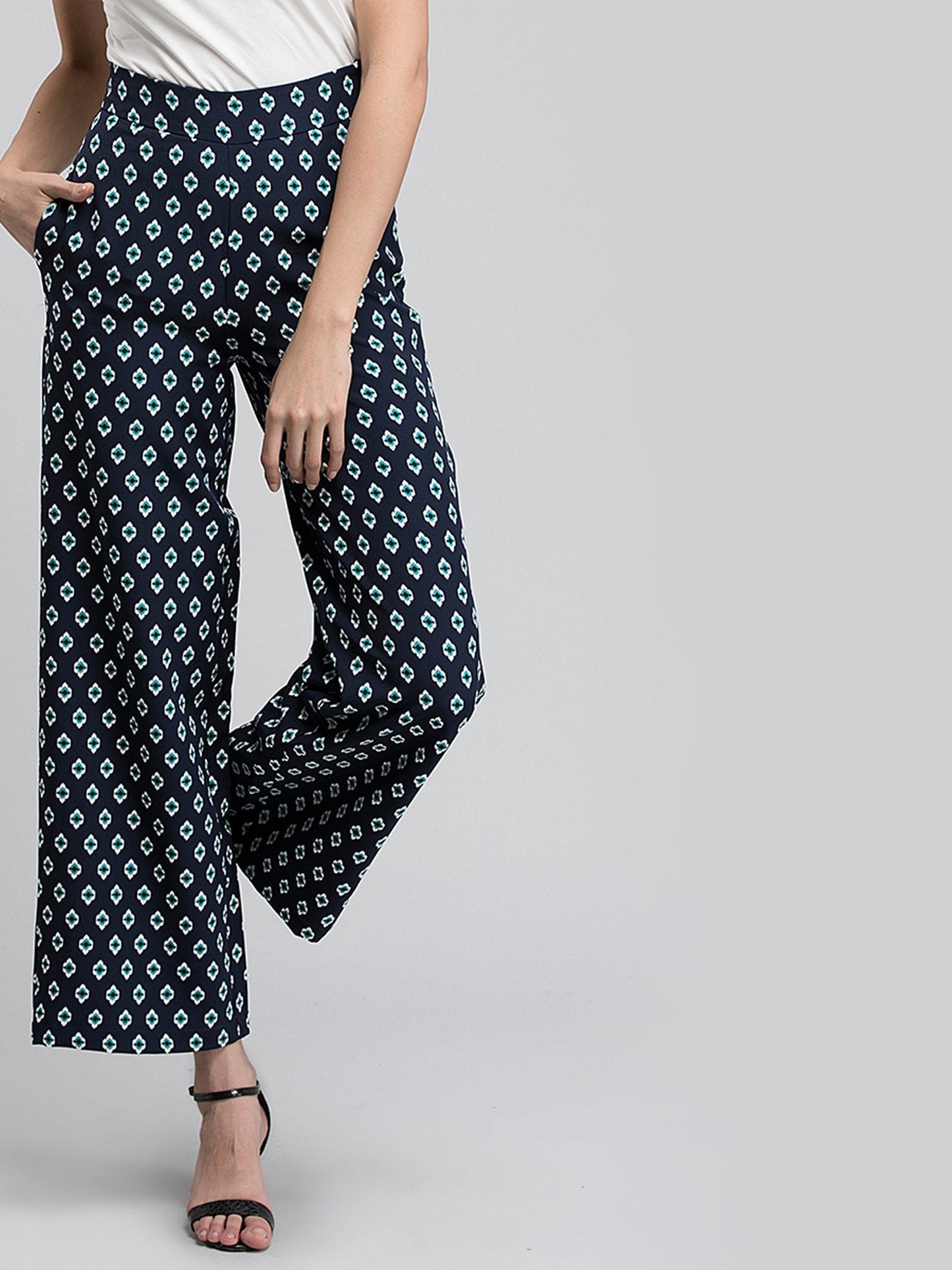 Printed Wide Leg Pants - Navy and White