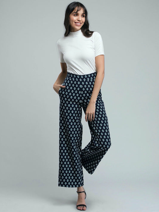 Printed Wide Leg Pants - Navy and White