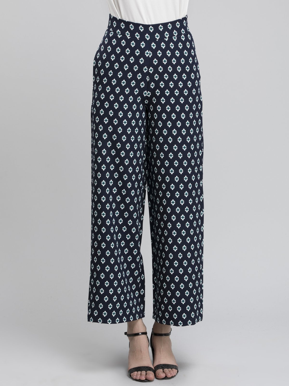 Printed Wide Leg Pants - Navy and White