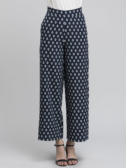 Printed Wide Leg Pants - Navy and White