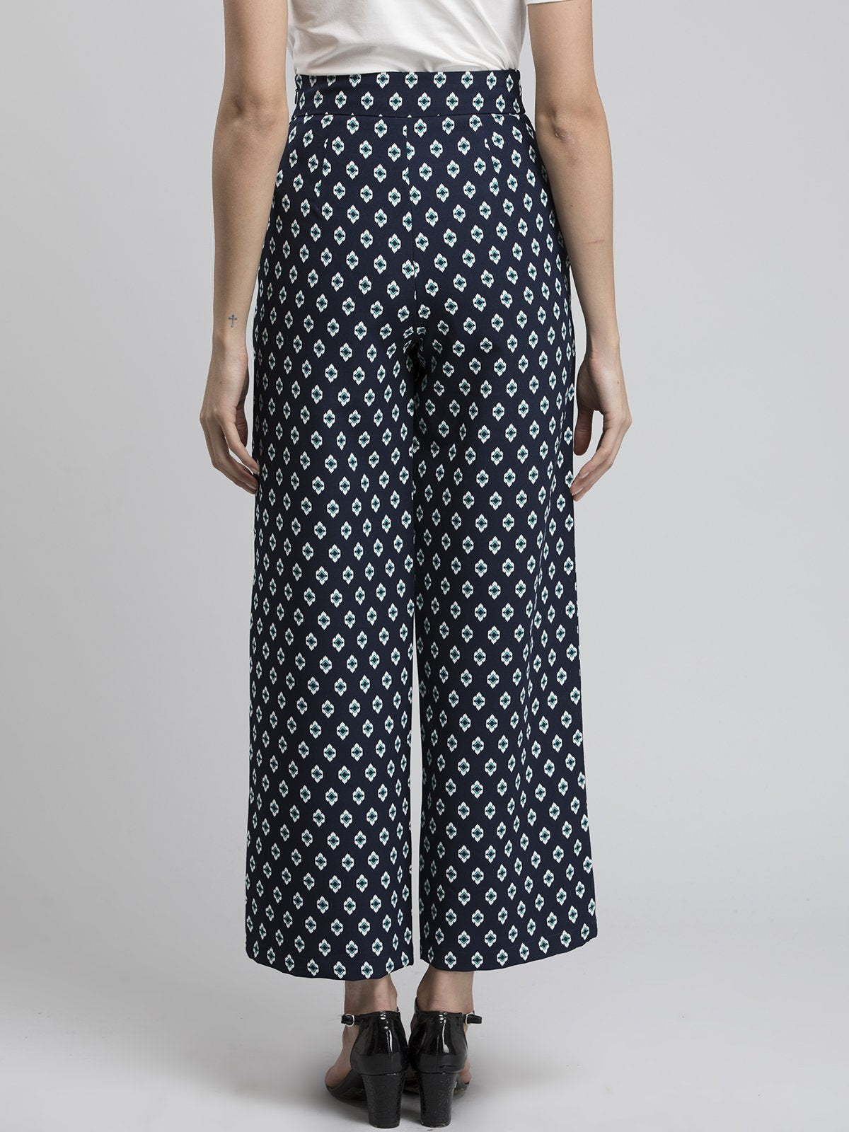 Printed Wide Leg Pants - Navy and White