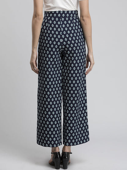 Printed Wide Leg Pants - Navy and White
