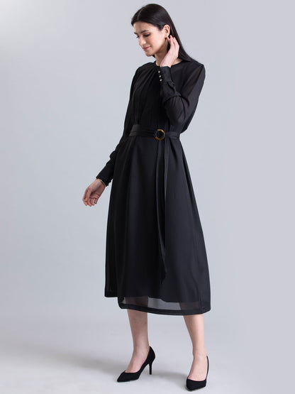 Round Neck Belted A Line Dress - Black