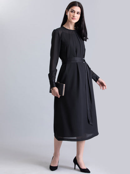 Round Neck Belted A Line Dress - Black