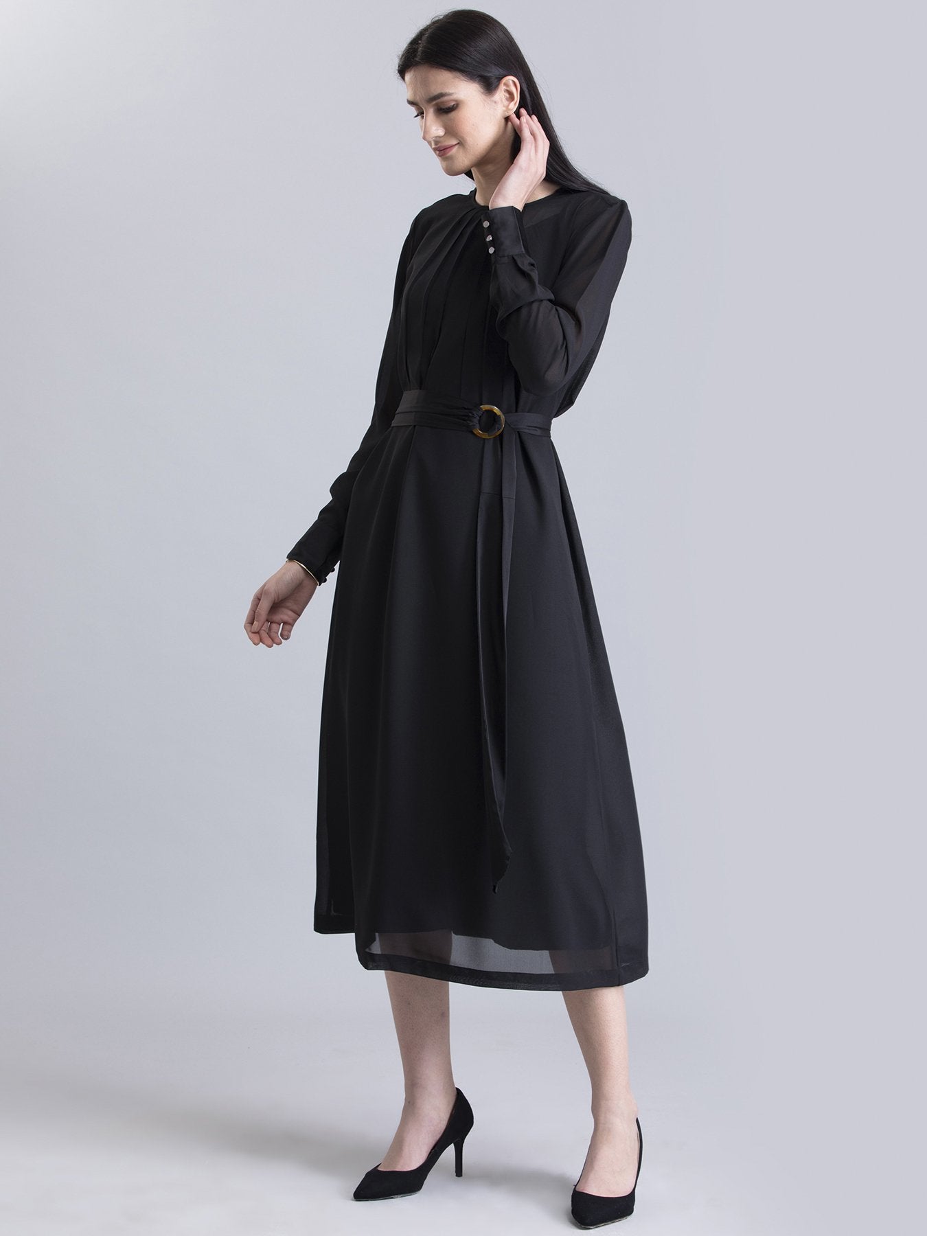 Round Neck Belted A Line Dress - Black