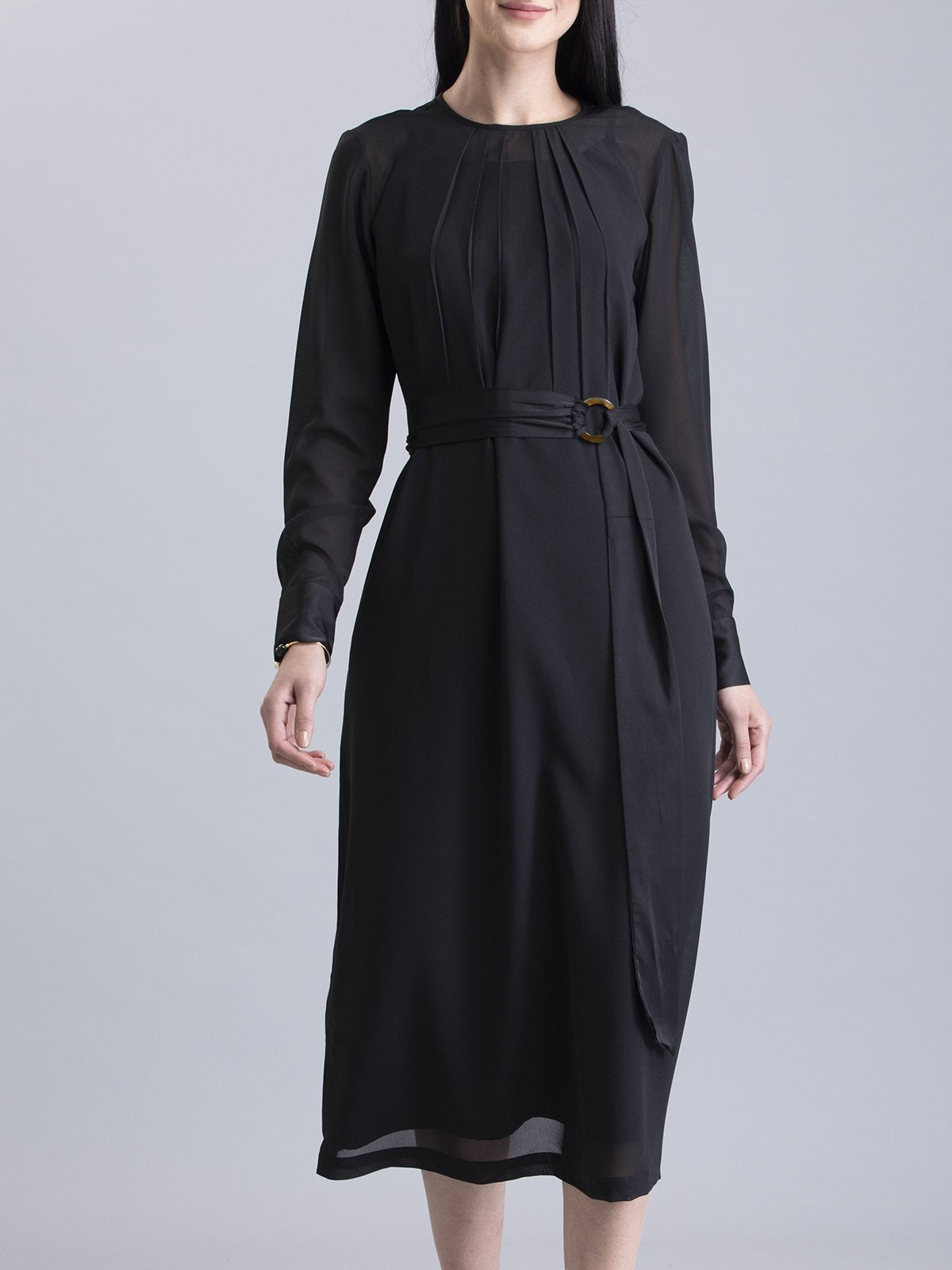 Round Neck Belted A Line Dress - Black