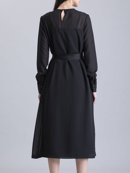 Round Neck Belted A Line Dress - Black