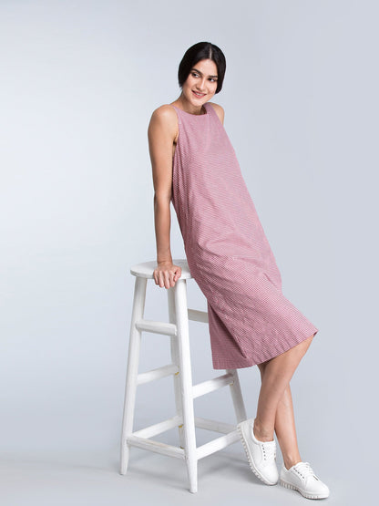 Round Neck Check A Line Dress - Red and White