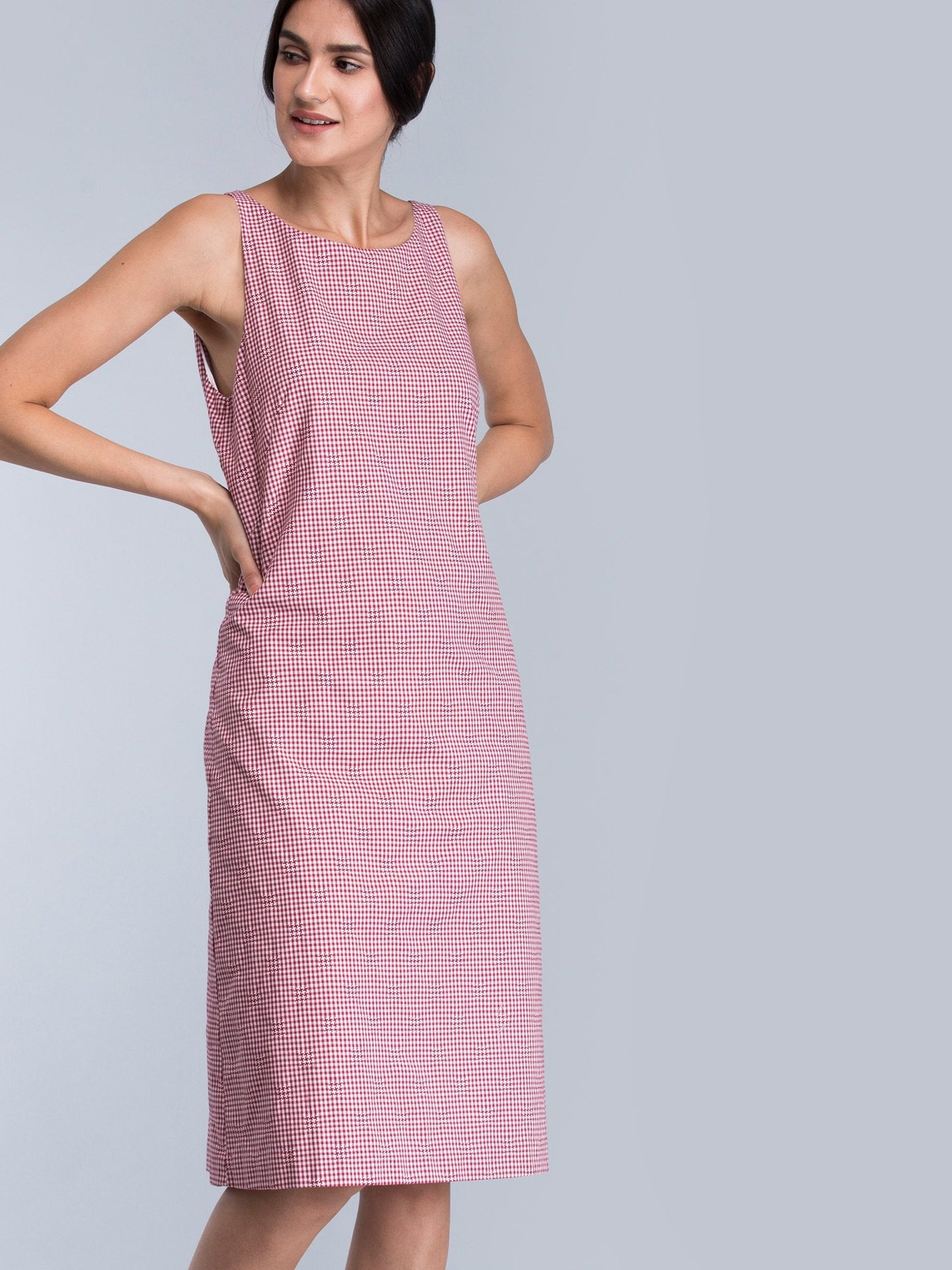 Round Neck Check A Line Dress - Red and White