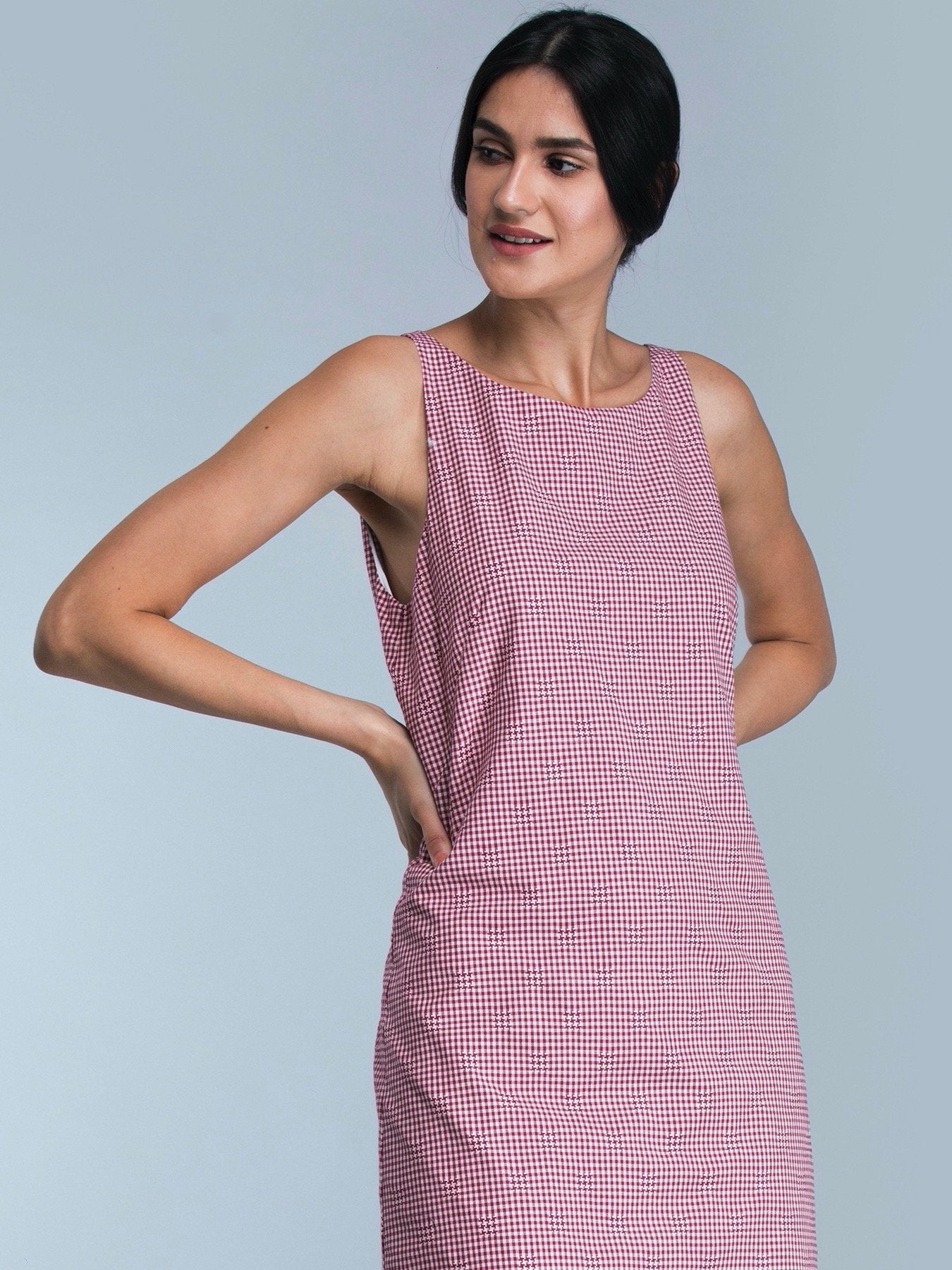 Round Neck Check A Line Dress - Red and White