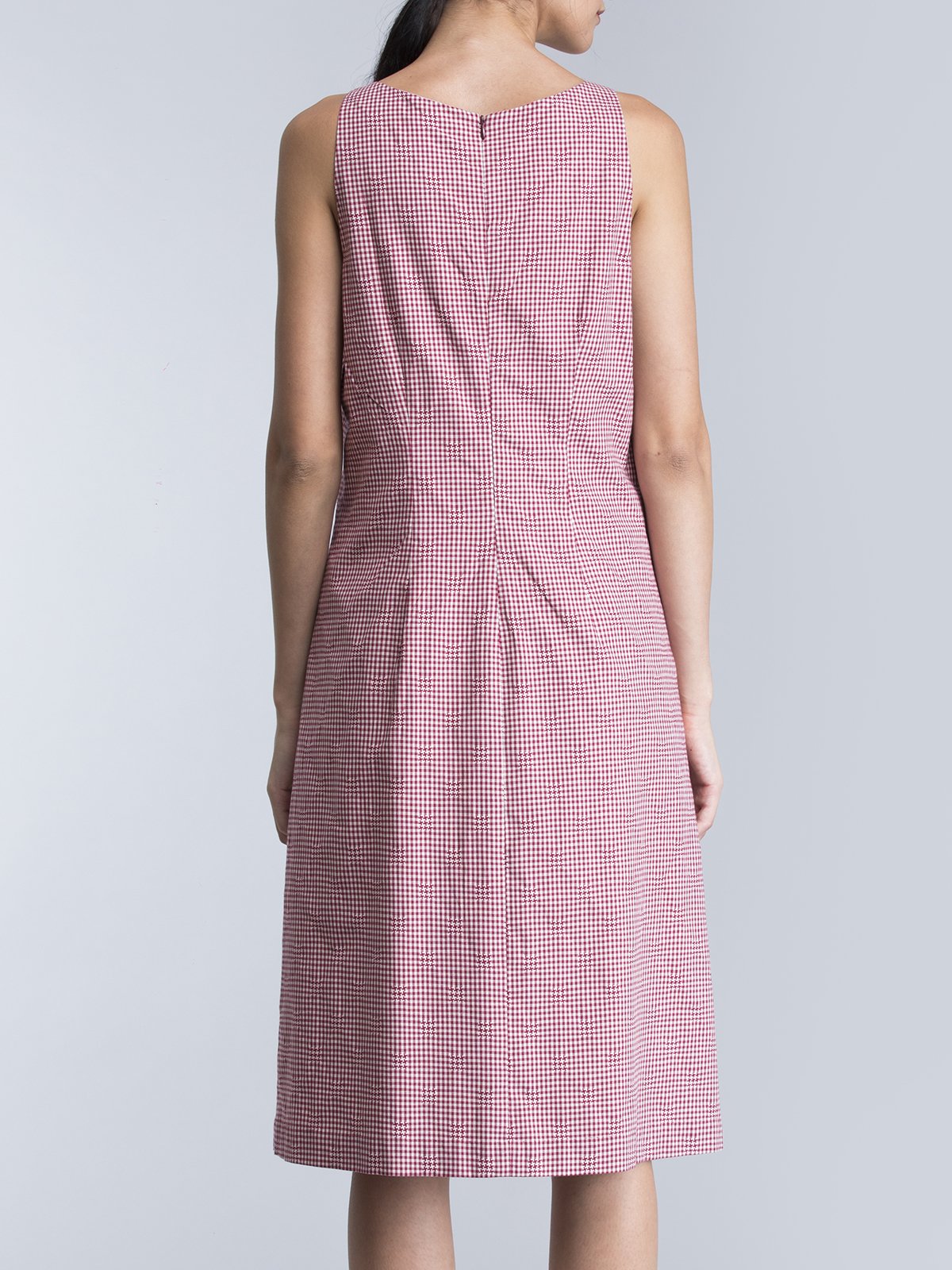 Round Neck Check A Line Dress - Red and White