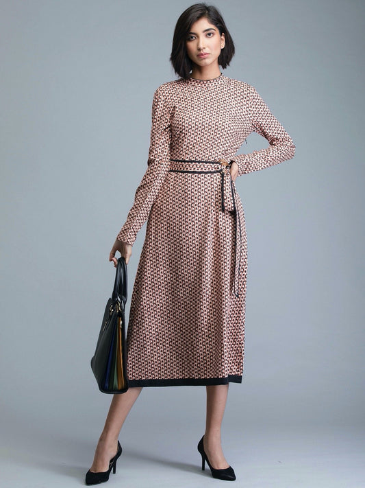 Round Neck Geometric Print Belted Dress - Brown