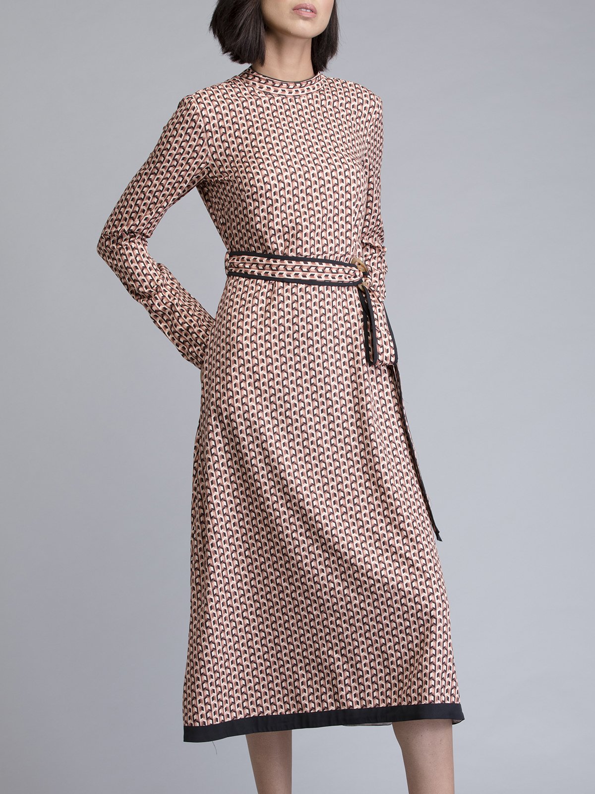 Round Neck Geometric Print Belted Dress - Brown