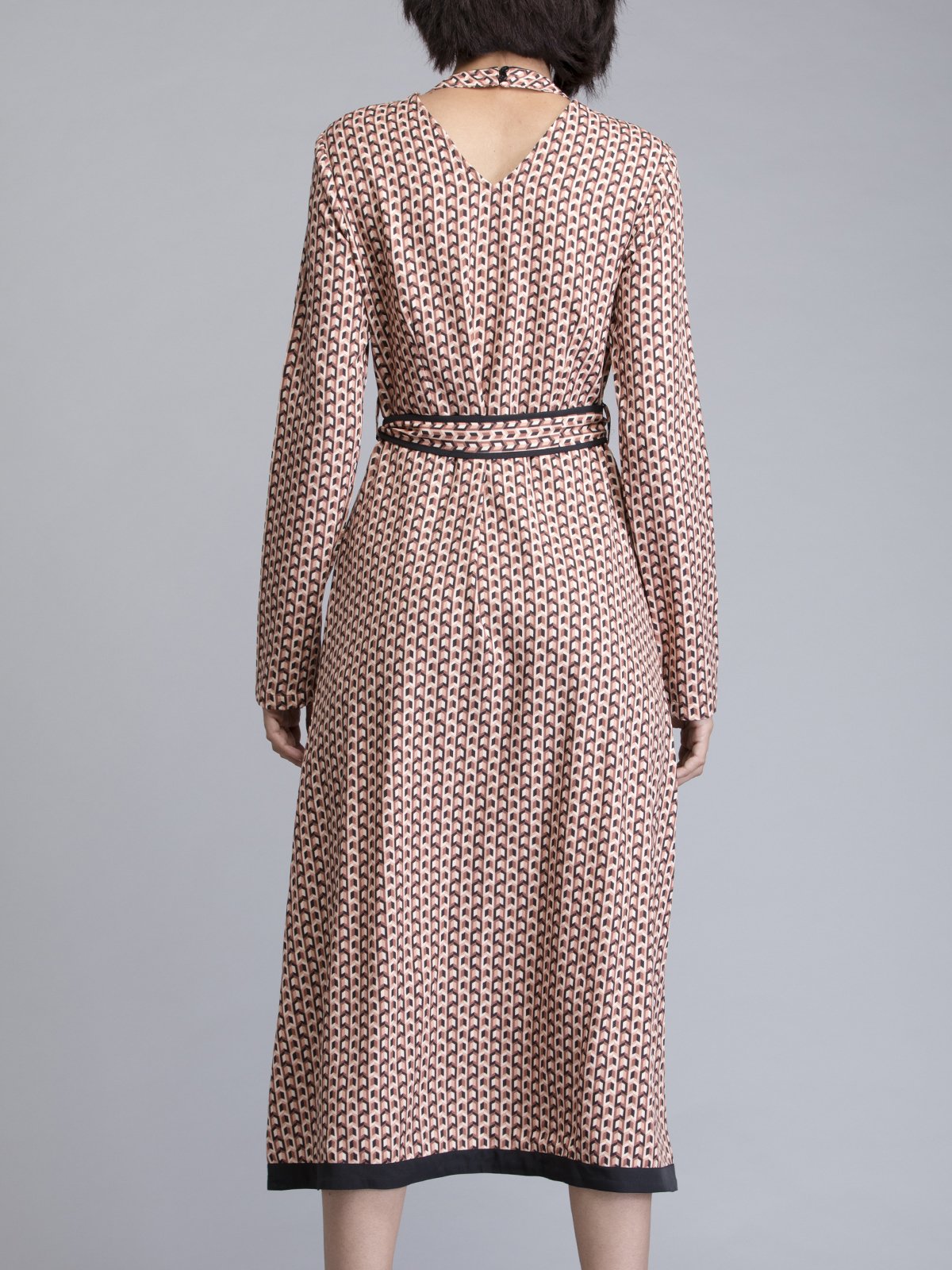 Round Neck Geometric Print Belted Dress - Brown