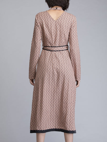 Round Neck Geometric Print Belted Dress - Brown