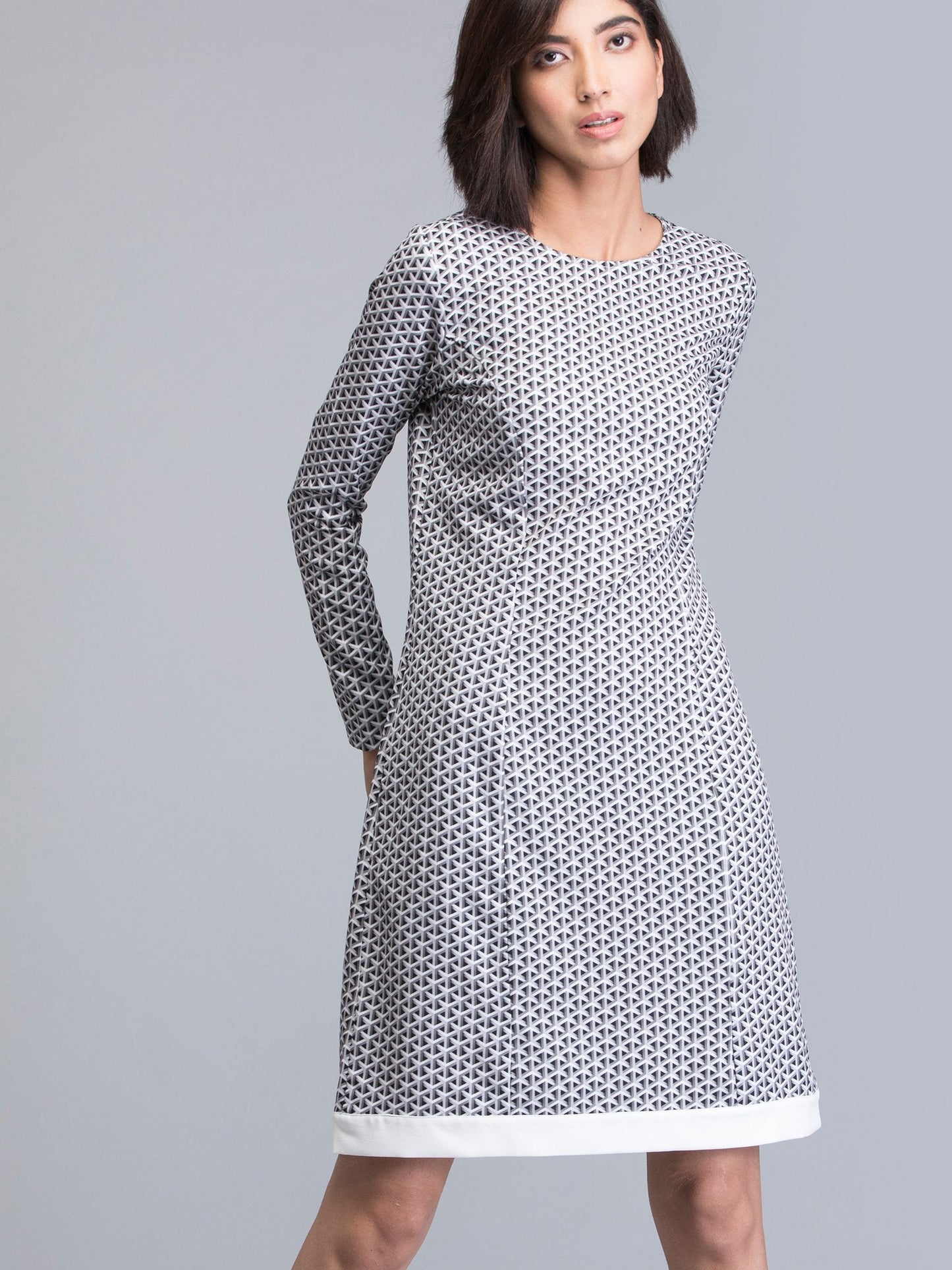 Round Neck Geometric Print Shift Dress - Grey