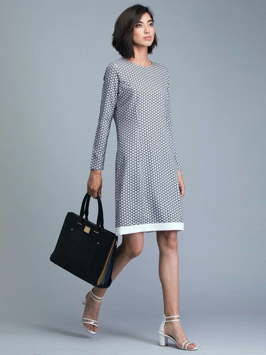 Round Neck Geometric Print Shift Dress - Grey