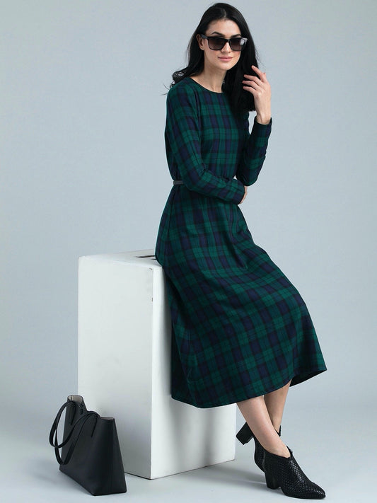 Round Neck Plaid Dress - Green and Blue