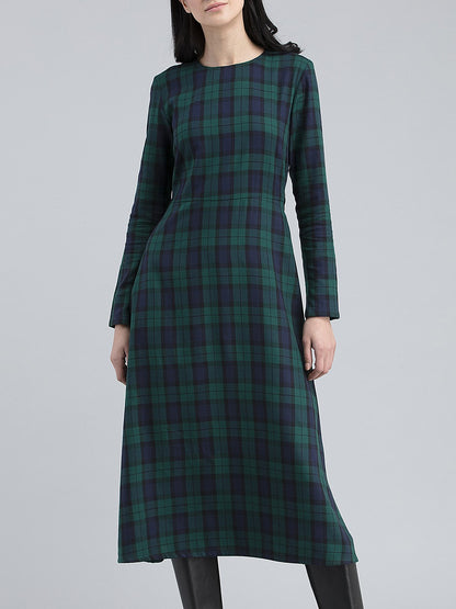 Round Neck Plaid Dress - Green and Blue