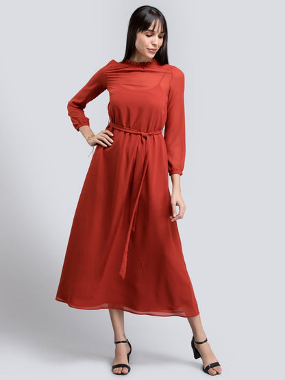 Round Neck Ruffle Detail Tie Up Dress - Rust