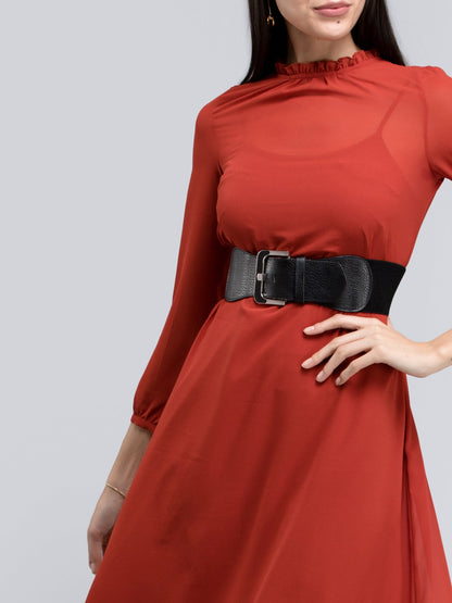 Round Neck Ruffle Detail Tie Up Dress - Rust