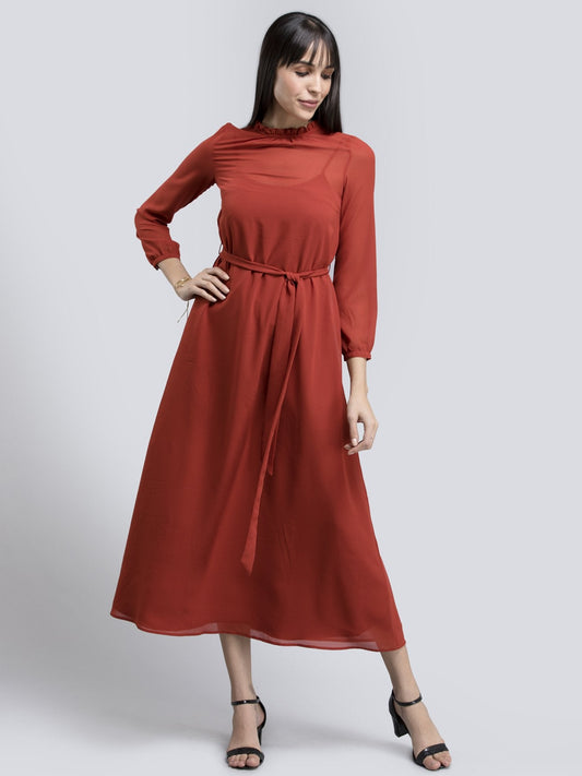 Round Neck Ruffle Detail Tie Up Dress - Rust