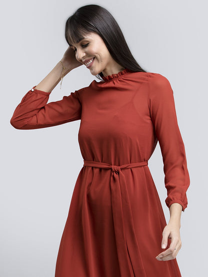 Round Neck Ruffle Detail Tie Up Dress - Rust