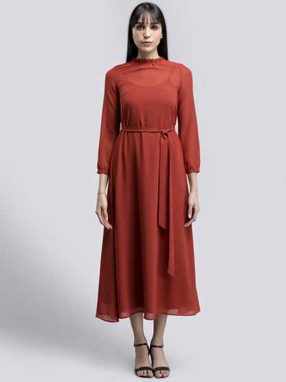 Round Neck Ruffle Detail Tie Up Dress - Rust
