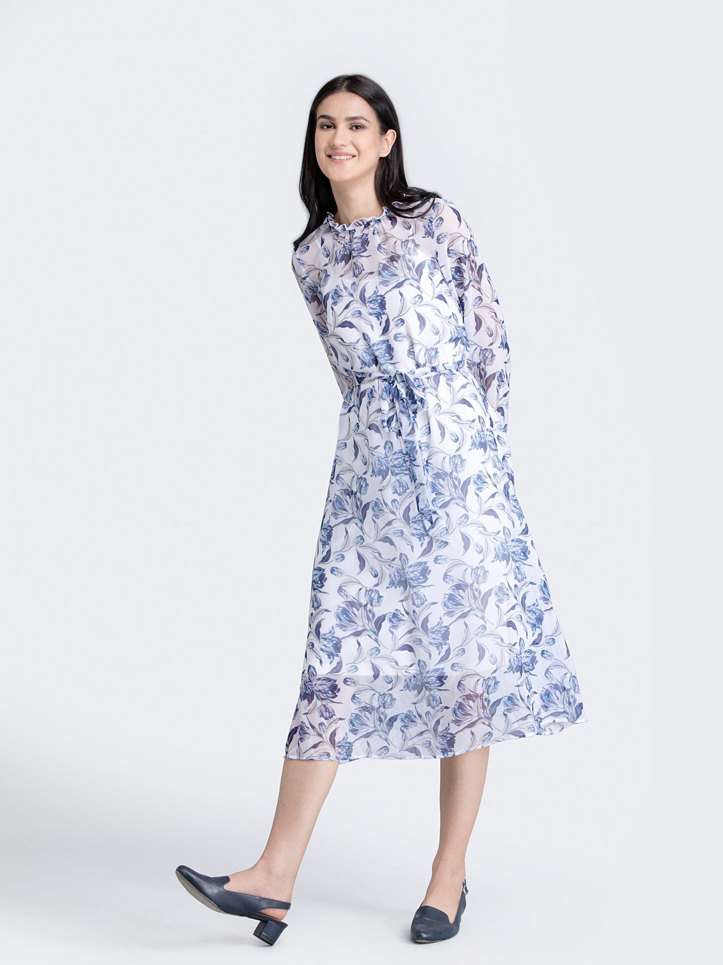 Ruffle Detail Floral Sheer Dress With Tie Up - Blue