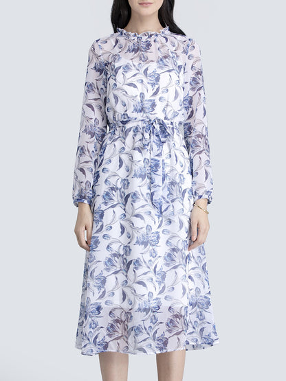 Ruffle Detail Floral Sheer Dress With Tie Up - Blue