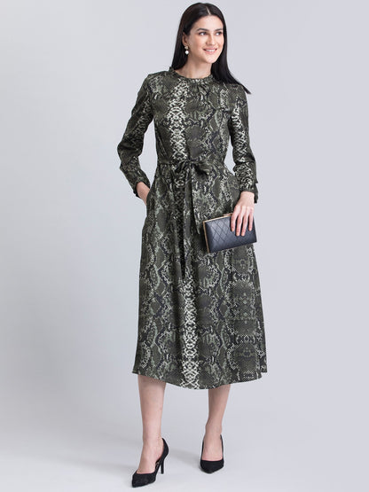 Satin Animal Print Ruffle Detail Dress - Green and Black