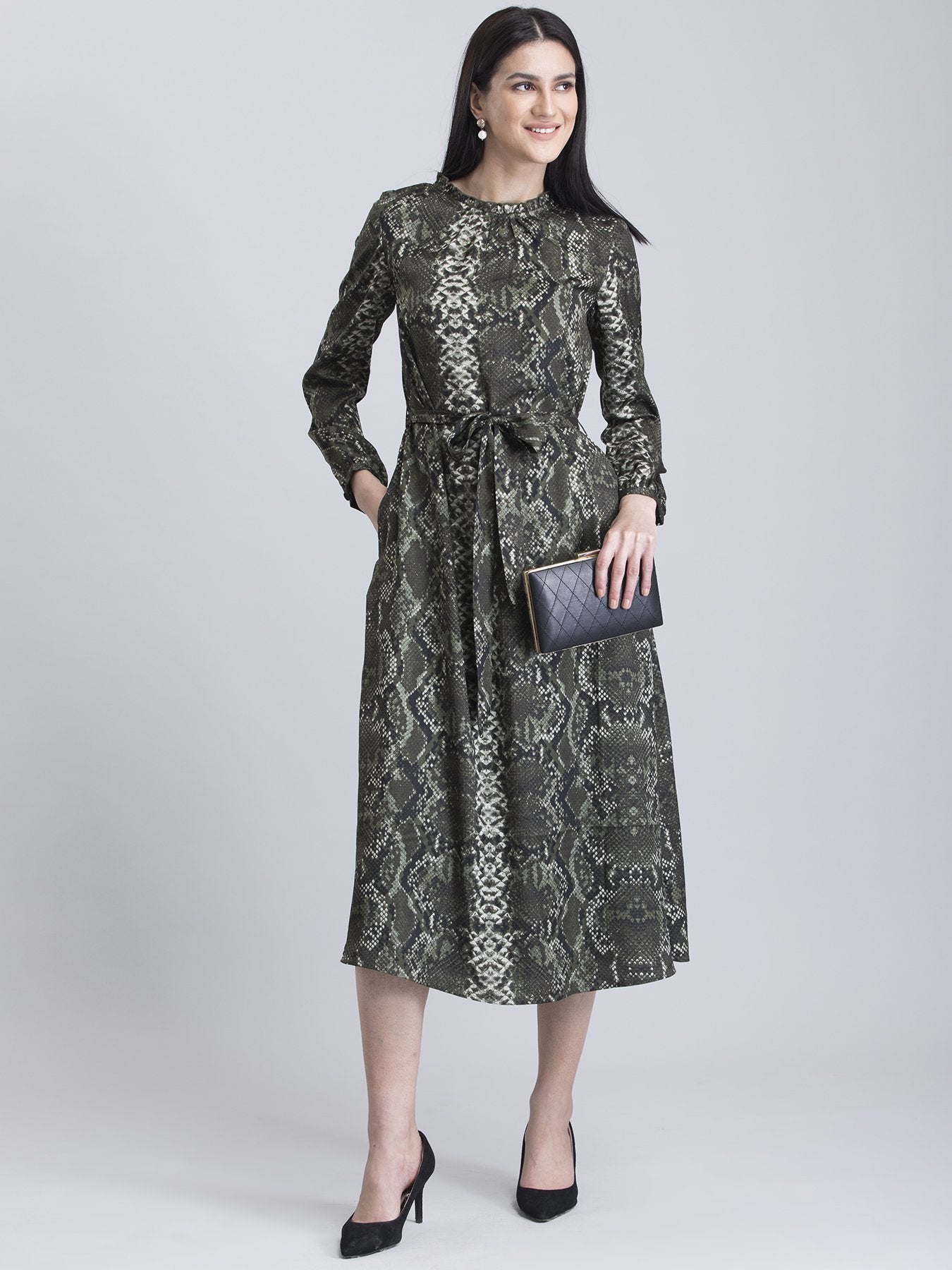 Satin Animal Print Ruffle Detail Dress - Green and Black