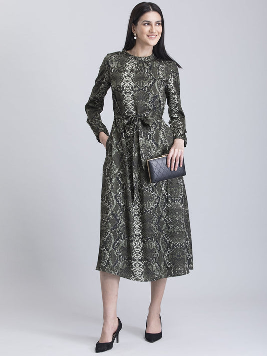 Satin Animal Print Ruffle Detail Dress - Green and Black