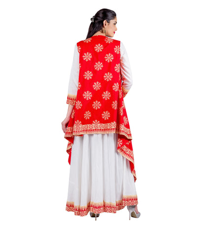 Vermilion/ White Indo Western Maxi Dress with Waterfall Shrug