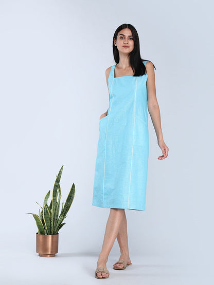 Square Neck Linen Shift Dress - Blue