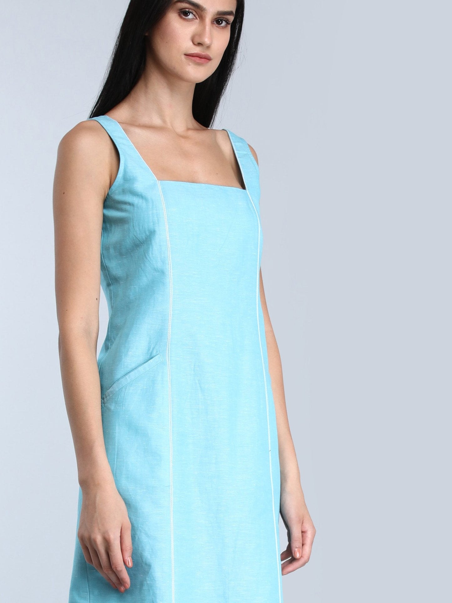 Square Neck Linen Shift Dress - Blue