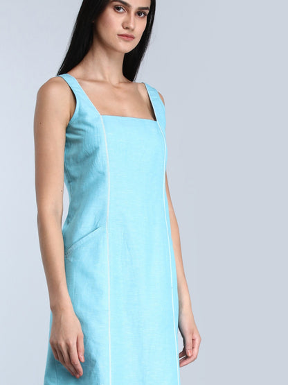 Square Neck Linen Shift Dress - Blue
