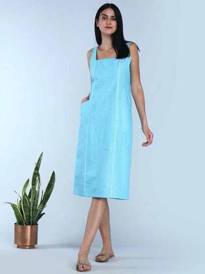 Square Neck Linen Shift Dress - Blue
