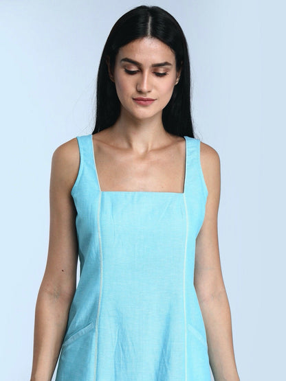 Square Neck Linen Shift Dress - Blue