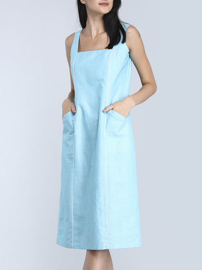 Square Neck Linen Shift Dress - Blue