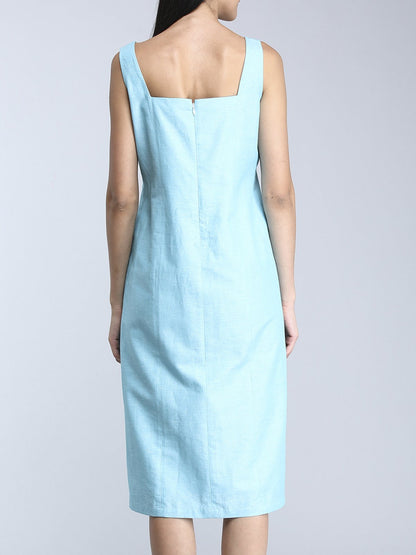 Square Neck Linen Shift Dress - Blue