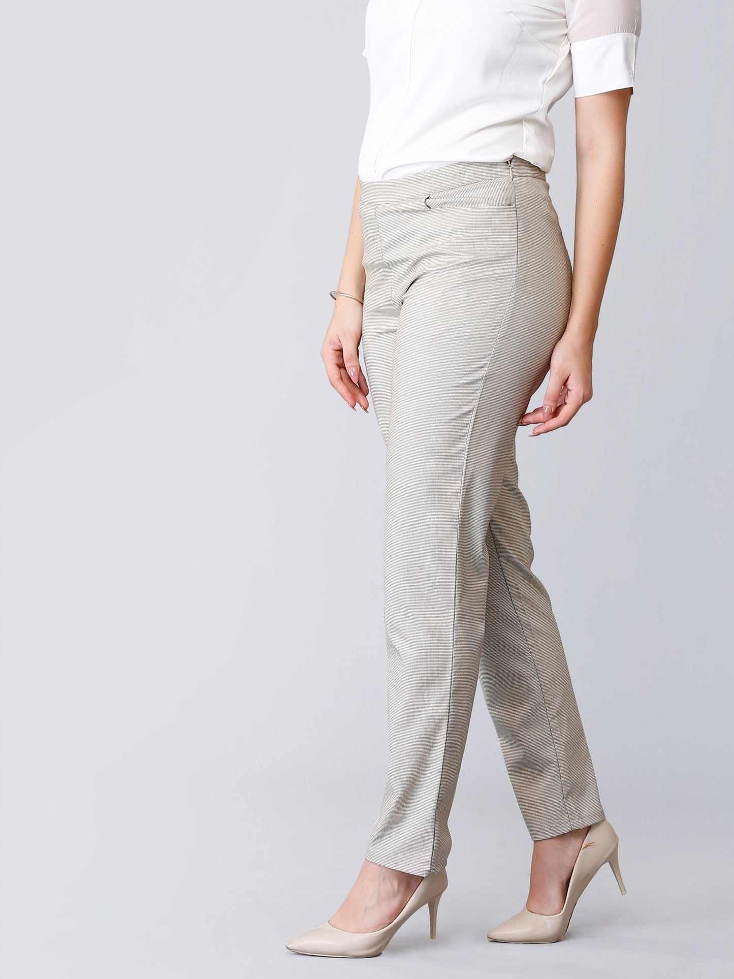 Straight Fit Houndstooth Trousers - Beige