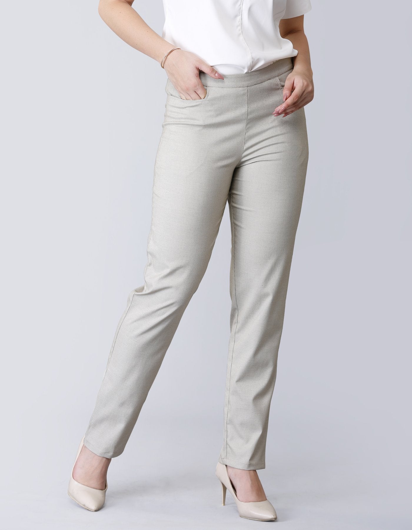 Straight Fit Houndstooth Trousers - Beige