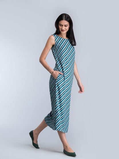 Striped Buttoned Midi Dress - Blue and Green