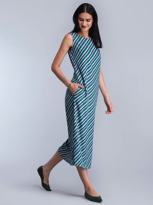 Striped Buttoned Midi Dress - Blue and Green