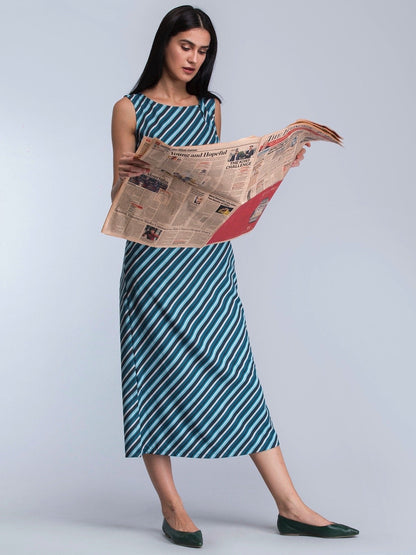 Striped Buttoned Midi Dress - Blue and Green