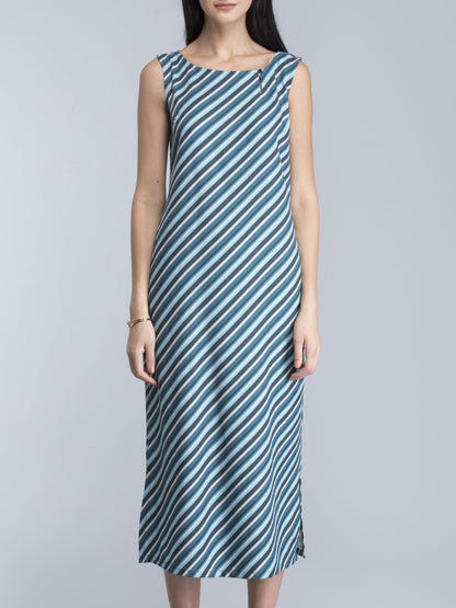 Striped Buttoned Midi Dress - Blue and Green