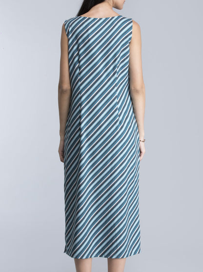 Striped Buttoned Midi Dress - Blue and Green